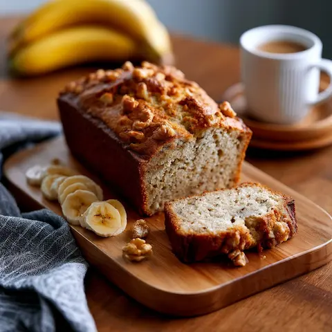 Irisan banana bread hangat dengan taburan kacang