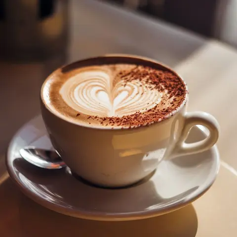 Cappuccino dengan latte art dan taburan bubuk cokelat