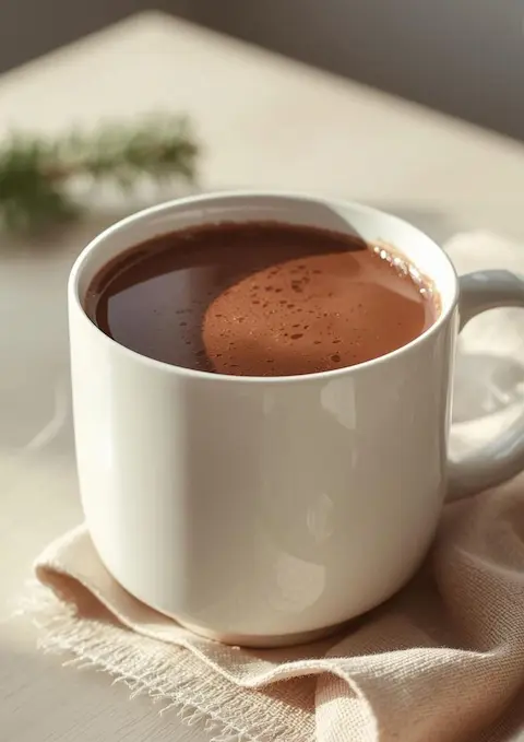 Secangkir cokelat panas berbusa dengan uap hangat