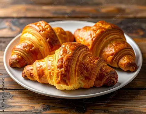 Croissant renyah keemasan di atas piring, pendamping kopi