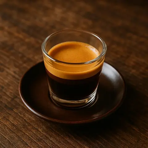Satu shot espresso dengan crema keemasan di gelas kecil