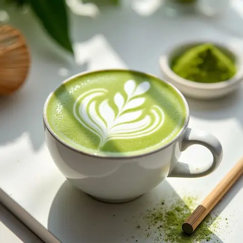 Matcha latte hijau dengan latte art disajikan di atas nampan